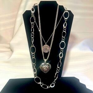 Silver Necklace Trio‎ Heart Pendant Filigree Medallion Links Chain EUC 💥SALE💥